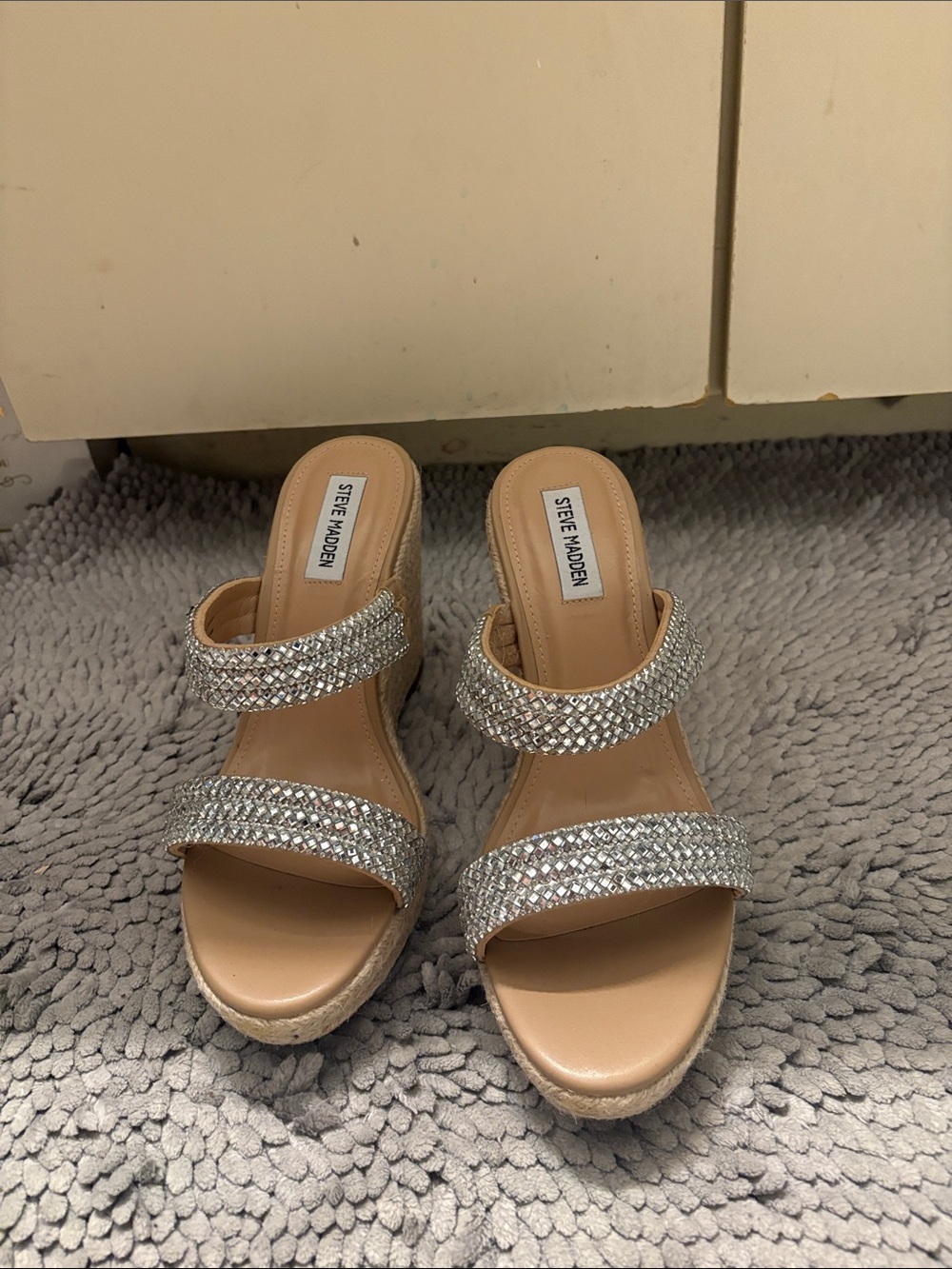 Steve Madden Silver Crystal Double-Strap Wedge Sandals